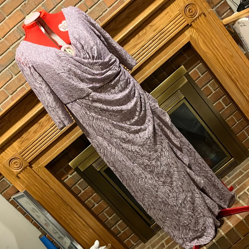 EUC Sz 22W Oleg Cassini lavender haze sparkle lace 3/4 sleeve dress